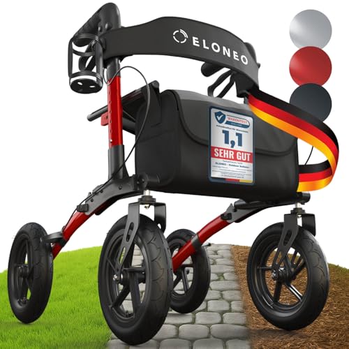 ELONEO Rollator faltbar und leicht mit Sitz Outdoor Rollator mit Luftbereifung inkl. Sitzfläche Rückengurt höhenverstellbare Gehhilfe aus Aluminium inkl. Tasche und Stockhalter Rot