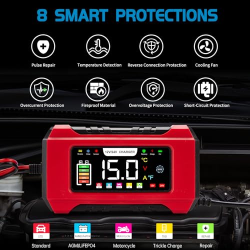Image of 15-Amp Car Battery Charger 12V /24V, Aptliton Intelligent Car Battery Charger with 9-Stage Charging, LCD Display For Car, Truck, Motorbike, Boat - Compatible with Lead-Acid, AGM, EFB, LiFePO4 Batteries