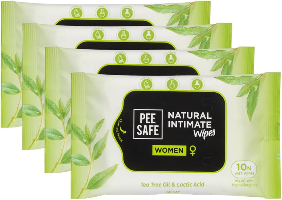 Pee Safe Natural Intimate Wipes - 40 Wipes | 100% Alcohol-Free | pH Balanced | Skin Friendly For Daily Hygiene | Tea Tree Oil & Aloe Vera | Paraben-Free | Sulfate-Free