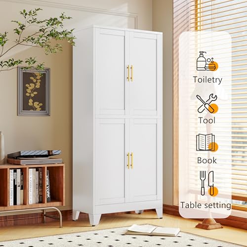 Image of winiowa 75 inch Tall Kitchen Pantry Cabinet, Metal Storage Cabinet with Doors and Adjustable Shelves, White Freestanding Pantry Cabinet for Kitchen, Dining Room, Living Room, Laundry Room, Bathroom