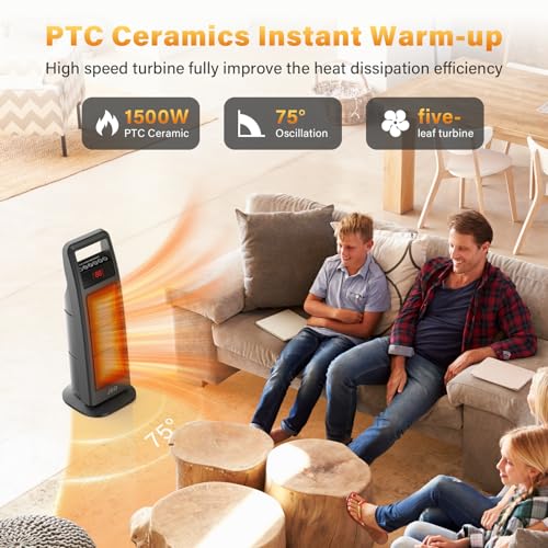 Jrd B0D9NVMM52 Space Heater Indoor With Thermostat, 24 Inch Portable Heater With 75°Oscillation, 1500W Ptc Ceramic Heater With Remote, 3 Modes, 8H Timer, Safety Electric Heaters thumb #1