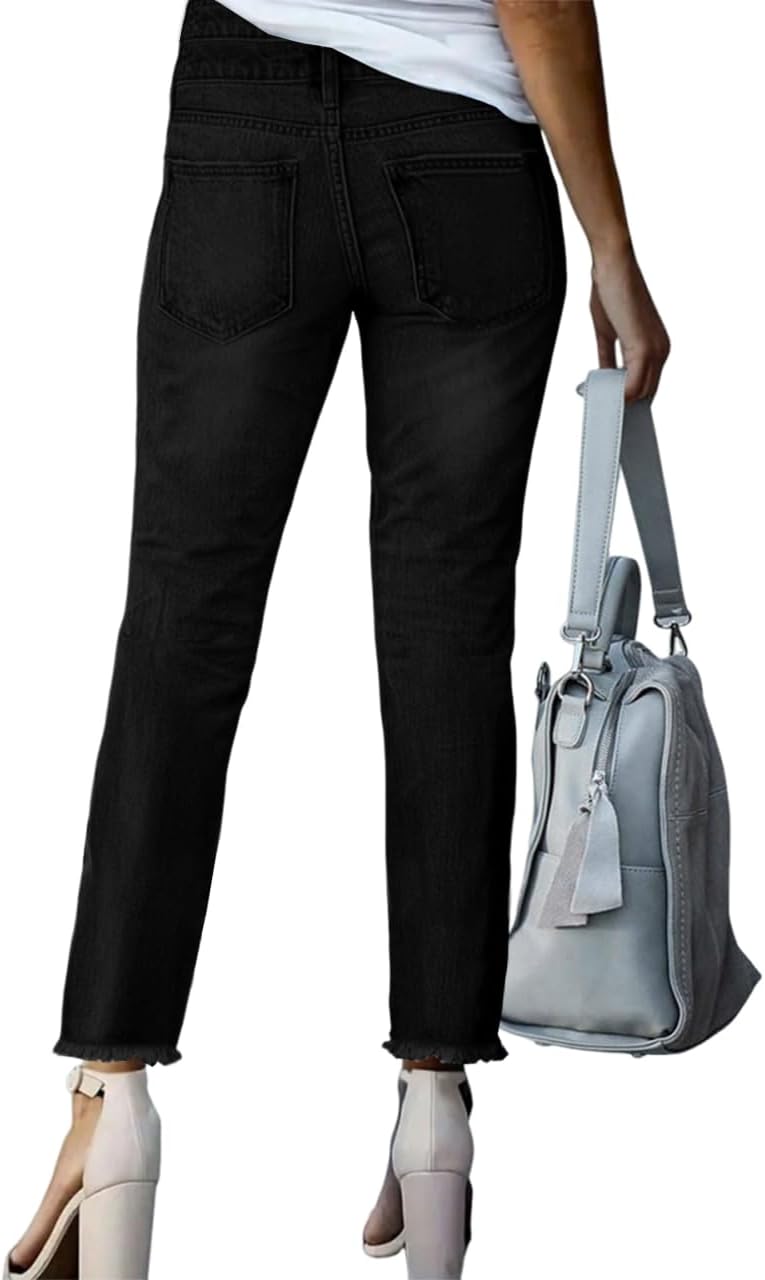 MIFOCAL Women's High Waisted Jeans Casual Stretchy Raw Hem Ripped Straight Leg Ankle Denim Pants - Image 2