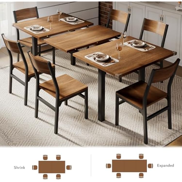 iPormis 7-Piece Dining Table Set with 6 Chairs, 63 Extendable Kitchen Table & Chairs Set for 4-6, Dining RoomTable with Solid Metal Frame & MDF Board, Perfect for Small Space, Easy Assembly, Walnut
