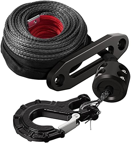 Kolvoii Synthetic Winch Rope, Winch Cable Kit 2/7" x 50ft 11000lbs with Heavy Duty Steel Hook, Protector Sleeve, Rubber Stopper and Winch Fairlead for Towing ATV UTV SUV Truck Etc(Black Hook)