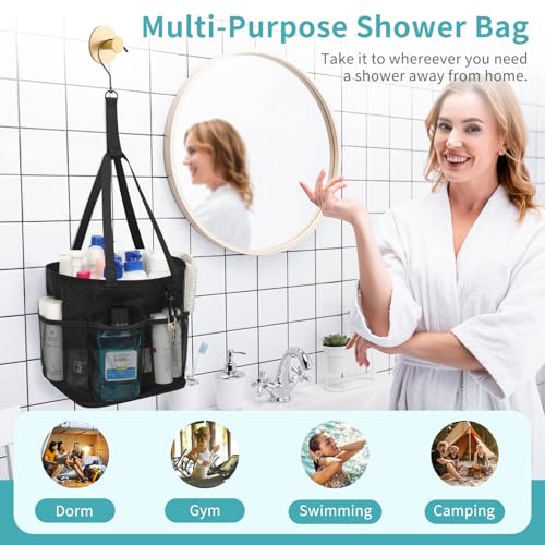 Mesh Shower Caddy Portable for College Dorm Room Essentials, Shower Tote Bag with Hanging Hook and Drawstring, Quick Dry Toiletry Bag with 6 Pockets for Bathroom, Swimming, Gym, Camping, Beach, Travel by onemoky - Image 6
