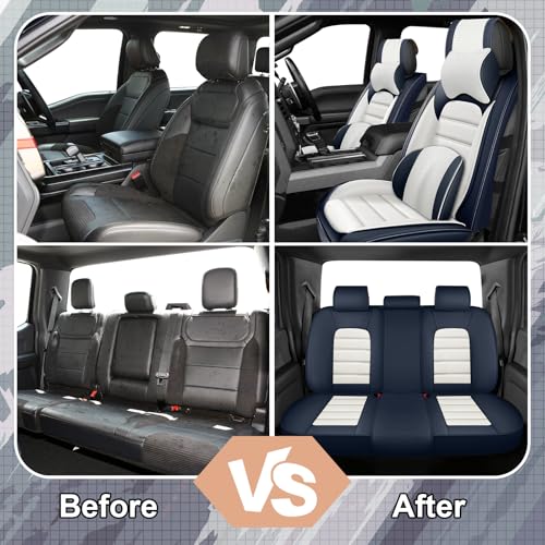Image of Full Set Car Seat Covers for Ford F-150 F-250 F-350 XL XLT STX Lariat King Ranch Platinum Raptor Seat Covers 2007-2026, Waterproof Seat Protectors(Luxury 5 Seats /Blue&White)