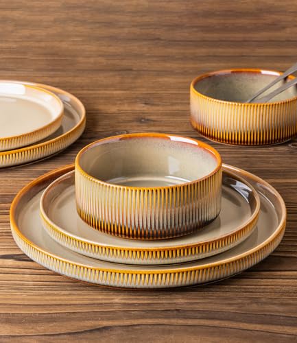 Image of TheTerra Ceramic Dinnerware Sets for 4, 12 Pieces Porcelain Lightweight Plates and Bowls Sets, Scratch Resistant Dish Set, Oven & Microwave & Dishwasher Safe, Creamy Amber