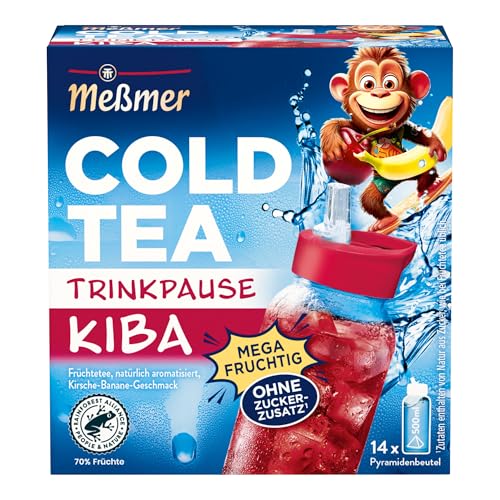 Meßmer Cold Tea Trinkpause KiBa | Früchtetee mit Kirsch-Banane-Geschmack | für kalten Aufguss | ohne Zuckerzusatz | 14 Pyramidenbeutel