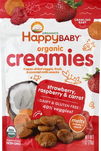 Happy Baby Organics Creamies Freeze-Dried Veggie & Fruit Snacks with Coconut Milk, Strawberry Raspberry & Carrot, 1 Ounce (Pack of 1) Strawberry Raspberry & Carrot Pack of 1 image 1