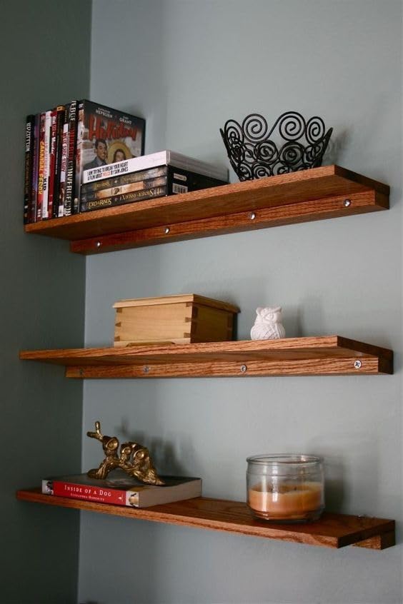 Image of MAYAL Floating Wall Shelves, Wooden Display Shelf Set of 3, Modern Home Decor, Rustic Oak Finish