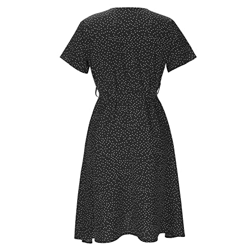 ORT Vestido casual feminino de verão com decote em V, cor lisa, estampa de bolinhas, manga curta, am
