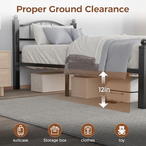 Image of Metal Twin Bed Frames Set of 2 | Noise-Free Design, 12 inch Underbed Storage, Heavy Duty with Headboard, No Box Spring Needed, Tool-Free Assembly