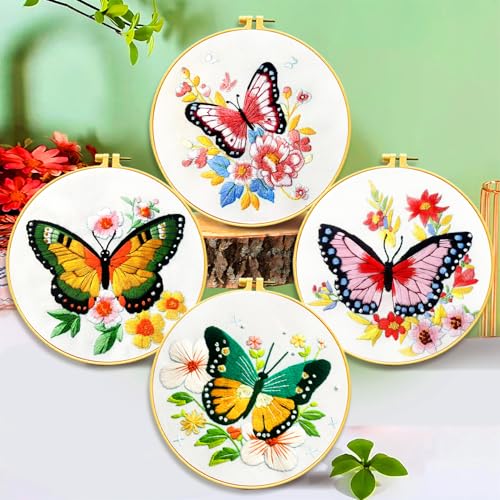 Image of Zhenqing Butterfly Embroidery Kit 11.4x11.4 Inch - Complete Embroidery Set with Fabric, Threads, Needles & Hoop - Beginner-Friendly DIY Craft Kit for Adults (C0040)