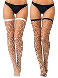 Bencailor 2 Paar Elastische Strass Netzstrümpfe Glänzende Spitze Strümpfe mit Diamant Netz Halterlose Strümpfe (Schwarz, Weiß, XL- XXL)