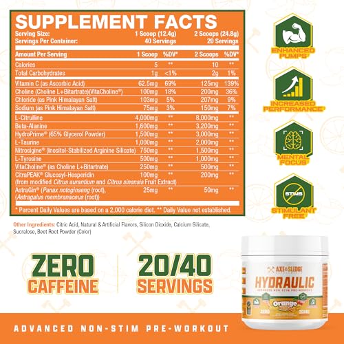 Image of Axe & Sledge Hydraulic Stim-Free Pre-Workout Powder for Men & Women, Pump, Performance, Focus and Endurance, L-Citrulline, Beta Alanine, Caffeine-Free, Orange Mango