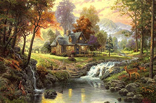 LIXANG DIY Diamantmalerei Nach Zahlen Kit,Full Drill Thomas Kinkade Herbsthaus Im Wald Creek Cross-Stitch Art Craft Wanddekoration 40x50cm Cover
