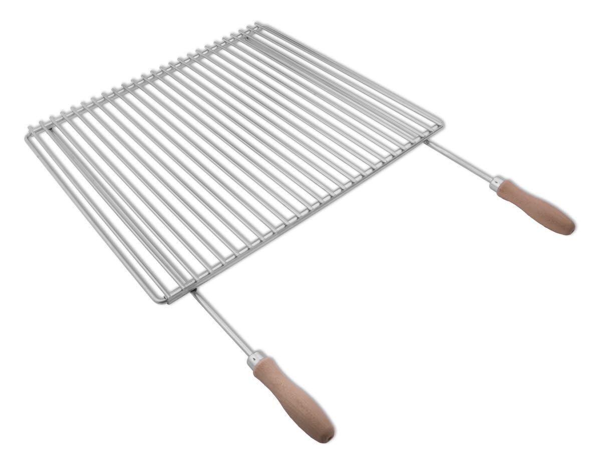 Deos-grill Rejilla de barbacoa ajustable de acero inoxidable 50–60 × 45 cm – con dos asas de madera