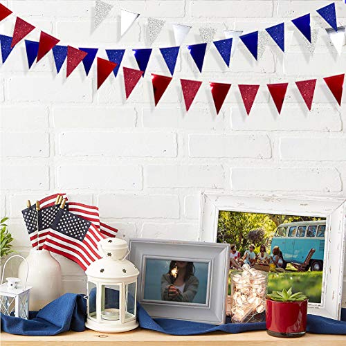 Image of 30 Ft Red Silver Blue Triangle Pennant Banner Bunting Hanging Paper Flag Garland for 4th of July American Independence Day USA National Day Patriotic Graduation Wedding Hen Party Decorations Supplies