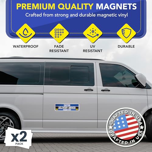 Image of Magnet Me Up Caution Frequent Stops Magnetic Decal - 3x10 Inch 2 Pack, UV Printed Blue /Black Automotive Vinyl Sign for Car, Delivery Driver Safety Magnet, Durable Weatherproof Accessory, Made in USA