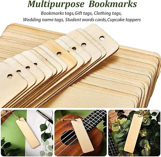 Image of CLOCKIVA Blank Wooden Unfinished Cutouts DIY Wooden Craft Bookmark Wood Hanging Gift Tags Rectangle Shape Blank Bookmark Ornaments with Holes DIY Best Gift for Readers (30)