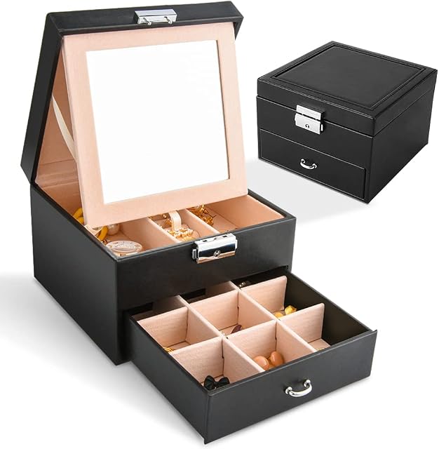 NUZEKY Black Jewellery Box Organiser for Women - PU Leather Drawer Type Jewelry Storage Case for Rings Earrings Necklace Bracelets | 2 Layers Jewellery Gift Boxes with Mirror & Lock for Girls Ladies