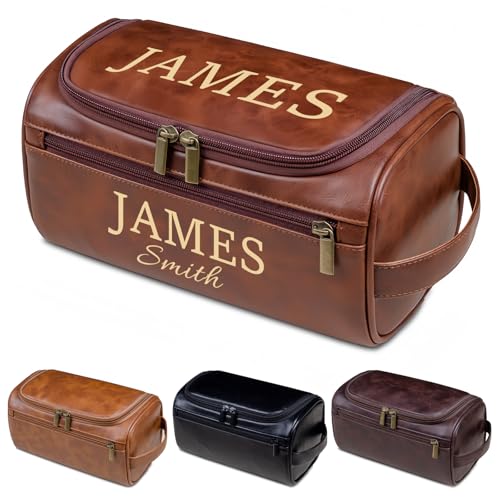 Neceser de cuero personalizado para hombres, kit de afeitado monogramado, bolsa de viaje impermeable de para novio, marido, papá
