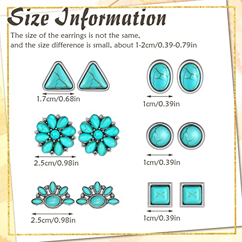 6 Pairs Turquoise Stud Earrings Small Geometric Oval Round Flower Earrings Gemstone Cut Shape Square Studs Turquoise Jewelry3