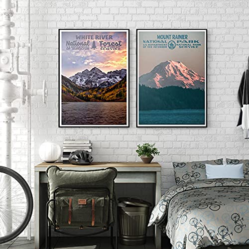 Toile Mount Rainier pour salon moderne, décoration murale forêt et White River sans cadre