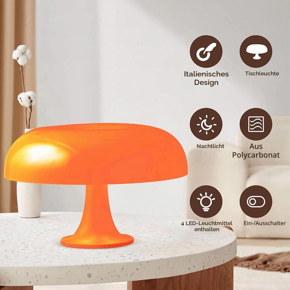 Orange Tischlampe LED Pilz Tischleuchte mit USB Kabel Nachtlicht Innen Dimmbar Nachttischlampe Moderne Beleuchtung Tischlichter Mushroom Dekoration Lampe für Schlafzimmer Wohnzimmer,Orange