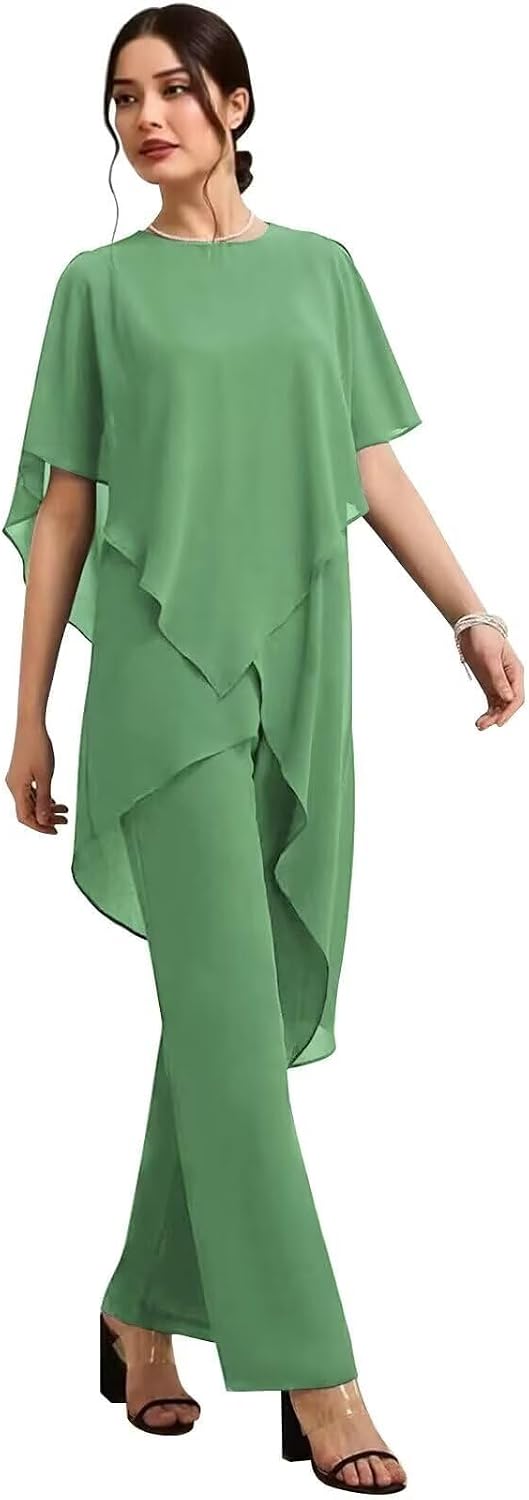 Chiffon Mother of The Bride Pant Suits for Weddding Guest - Short Sleeves Formal Grandmother Pantsuit Outfits