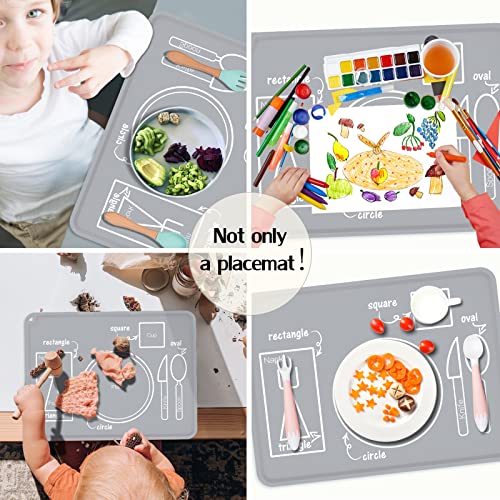 Silicone Placemats For Kids, Baby Toddlers Non-Slip Tablemats Stain Resistant Montessori Reusable Dishwasher Safe Table Mats, Portable Food Mat(2Set-Light Gray) #TOP1