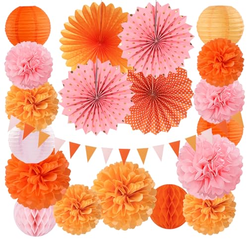 Image of Pink-Orange Groovy Party-Decorations - 20pcs Fall Autumn Thanksgiving Harvest Paper Streamers Lanterns Fans,Tissue Pom Poms,Honeycomb Balls,Bunting,Birthday Baby Bridal Shower Wedding Decor Burgleda