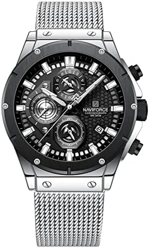 NAVIFORCE Fashion Stainless Steel Mesh Band Chronograph Quartz Watch for Men Auto Date Sport Waterproof Analog Wrist Watches