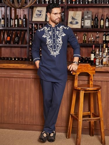 Daupanzees Mens African 2 Piece Set Metallic Traditional Suit Gold Embroidered Shirt African Dashiki Shirt and Pants Outfit2