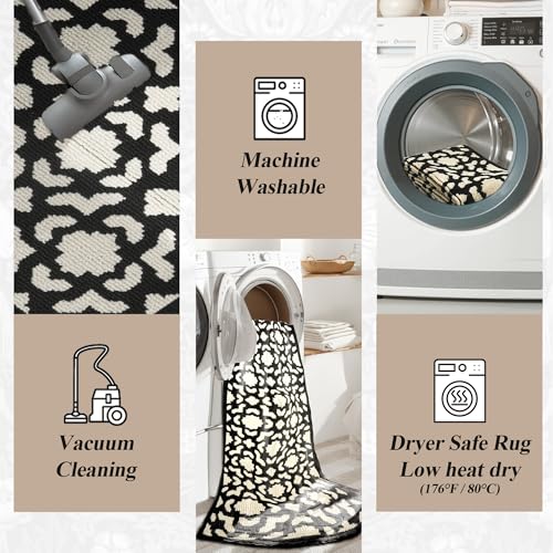 Image of 2x6 Washable Runner Rug for Hallway, Non Slip Low-Pile Kitchen Rug, Durable Soft Floor Carpet Runners for Entryway, Bedroom, Bathroom, Laundry Room, Black Flower
