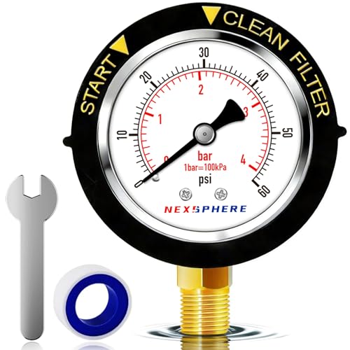 NexSphere 0-60 PSI Pool Filter Pressure Gauge 2 Dial Size 1/4 NPT Lower Mount 304 Stainless Steel Case IP67 Waterproof Clean Filter Indicator for Swimming Water Pump Spa Aquarium Pressure Test
