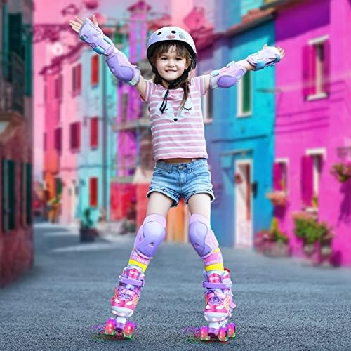 Hozzen Girls Roller Skates - LED Light Up Roller Skates Kids Size 10C-6Y with Storage Bag, Unicorn Pink Shiny Illuminating Childs Roller Skates for Toddlers Beginner, Children
