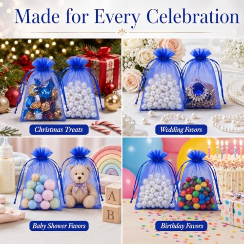 Image of Hopttreely 50 Pcs Royal Blue Organza Bags 4x6 Inch, Premium Mesh Drawstring Gift Pouches for Wedding Christmas Jewelry & Party Favors