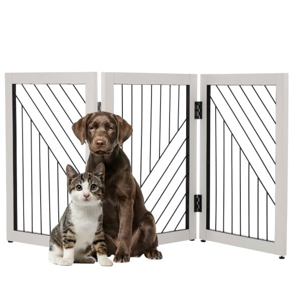 Freestanding Dog Gate - 3-Panel Foldable Indoor Pet Fence - 55x24-Inch Sturdy Metal and Wood Dog Gate - Pet Barrier for Stairs, Hallways, Doorways, or Small Openings by PETMAKER (White)