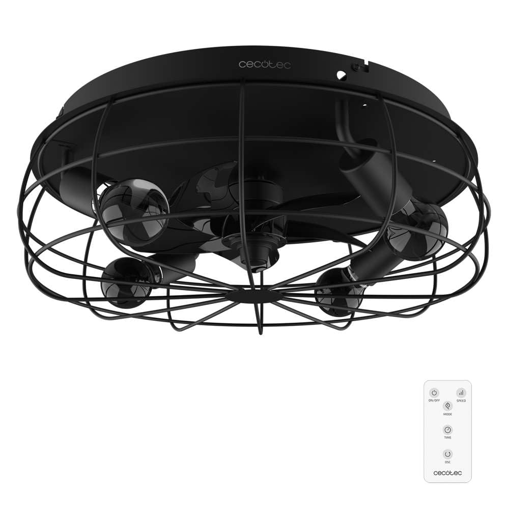 Cecotec Ventilador de Techo con Luz EnergySilence LampAero 600 Iron Design. 20W, Motor DC, Lámpara, 5 Aspas de 11", Control remoto, 3 Velocidades, 3 Tonos de luz, Temporizador, Modo winter/summer