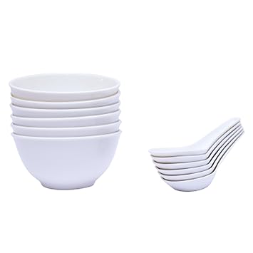 SMM FOODWARE Melamine Soup Bowls with Spoons (Pack of 6) Colour- White