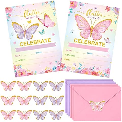 Sepamoon 24 Pieces Birthday Butterfly Invitations Butterfly Birthday Party Invitations with Envelopes Floral Butterfly Invitation Cards Stickers for Butterfly Party Birthday Baby Shower Wedding Decor Cover