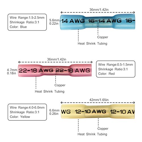 180Pcs Heat Shrink Butt Connectors, Sopoby Electrical Crimp Wire Connector Set, Waterproof Automotive Marine Assorted Terminals Kit, 22-10Ga (90Red 60Blue 30Yellow) #TOP2