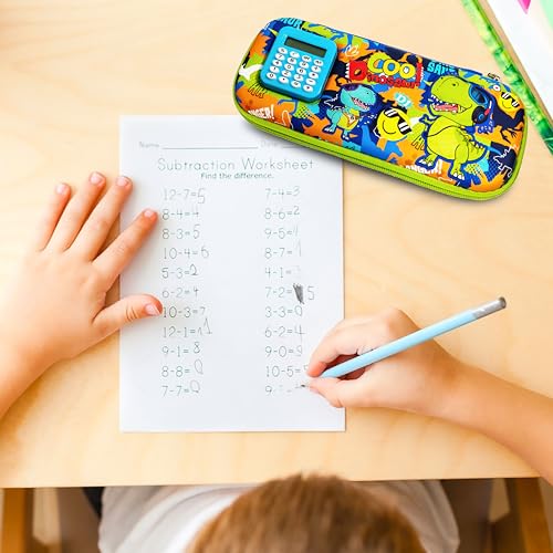 Image of VGRASSP Stationery Pencil Pouch for Kids with Mini Calculator - Dinosaur Theme Zipper Case with Multi Storage Compartments - School Supplies Organizer - Multicolor