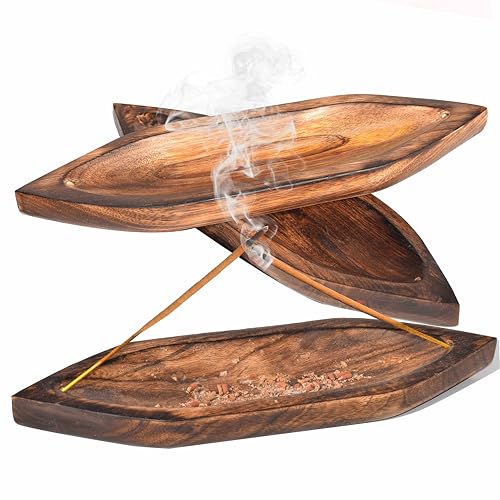 Image of Pure Source India Natural Wood Bote Shape Incense Holder and Ash Catcher (11 X 3 Inch - 3 Pieces)