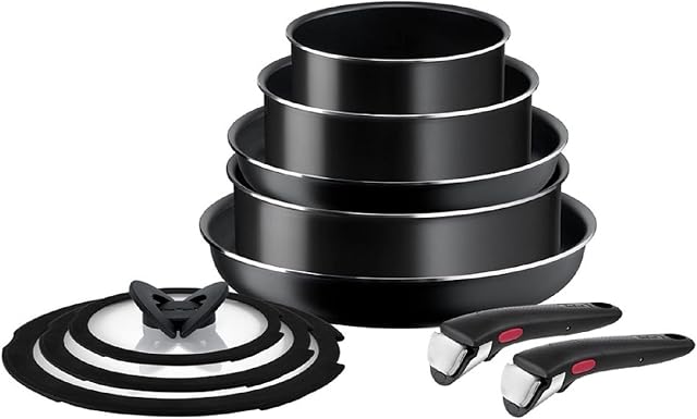 Tefal Ingenio Easy ON Pots & Pans Set, 10 Pieces, Stackable, Removable Handle, Space Saving, Non-Stick, Black, L1599143