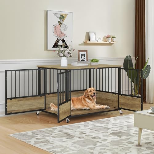 YITAHOME-43-Dog-Crate-Furniture-with-Wheels-Heavy-Duty-Wood-Dog-Cage-Table-with-Double-Doors-Chew-Resistant-Wooden-Dog-Kennel-Indoor-for-Large-and-Medium-Dogs-Greige YITAHOME 43 Dog Crate Furniture with Wheels Heavy Duty Wood Dog Cage Table with Double Doors Chew Resistant Wooden Dog Kennel Indoor for Large and Medium Dogs Greige