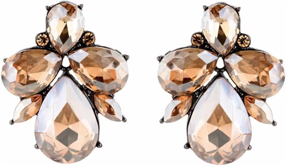 Art Deco Antique Vintage Retro Style Honey Amber Citrine Champagne Rhinestone Bridal Bridesmaid Wedding Prom Cluster Earrings