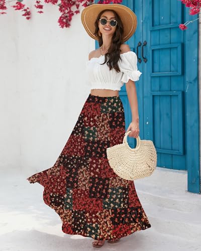 CYiNu Women's Chiffon Elastic High Waist Tiered Pleated Floral Printed A-Line Boho Long Maxi Skirts4