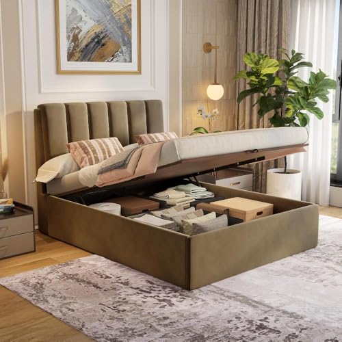 Image of Wakefit Bed | Queen (78 X 60) Solid Wood Bed, Upholstered, Hydraulic, 3 Year Warranty - Antho - Velvet Stone